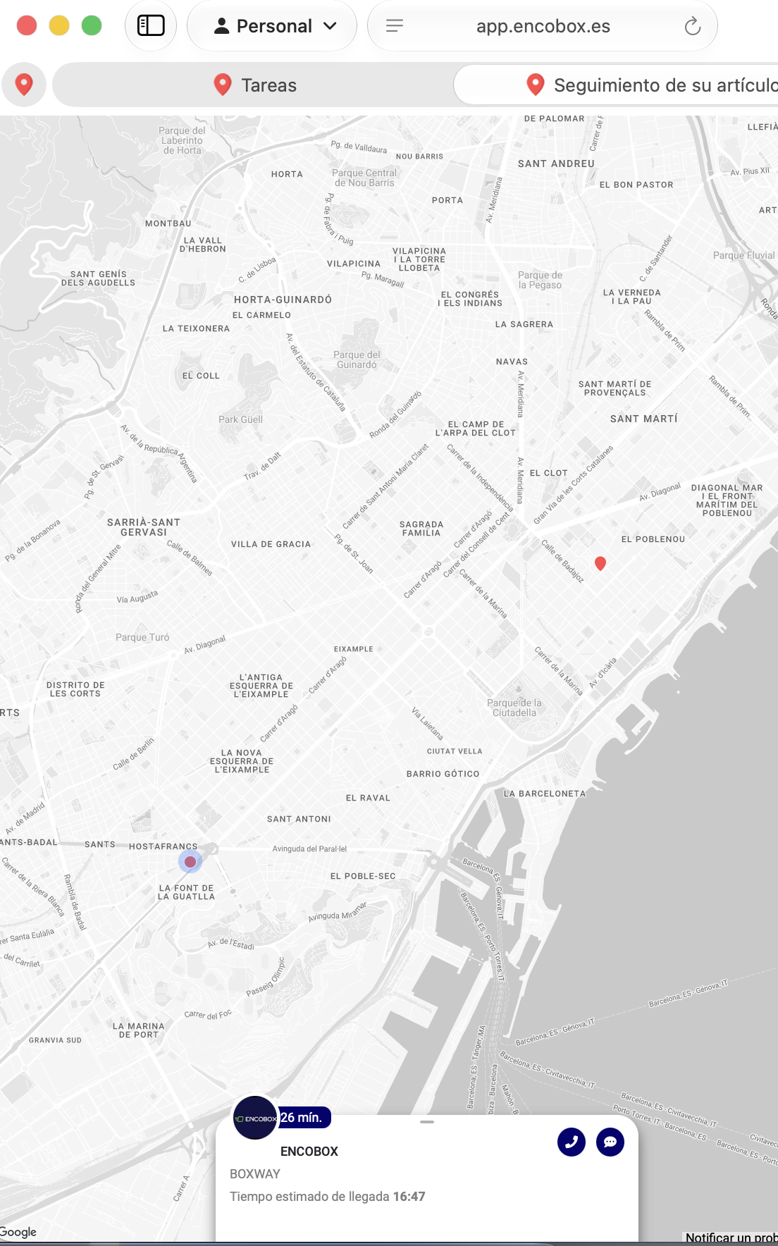 Seguimiento en tiempo real del repartidor en el mapa de Barcelona desde app.encobox.es